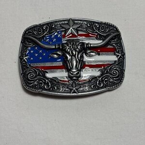 Cowboy Western Belt Buckle Silver Tone Longhorn Bull with US Flag Nice Detail